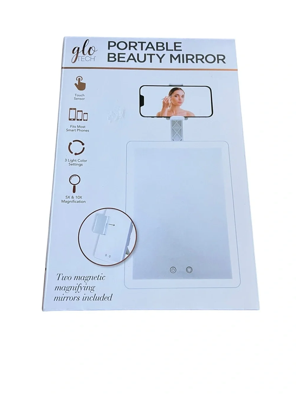 New GloTech Portable Beauty Station LED 2 Mirror 5X & 10X Magnification Touch